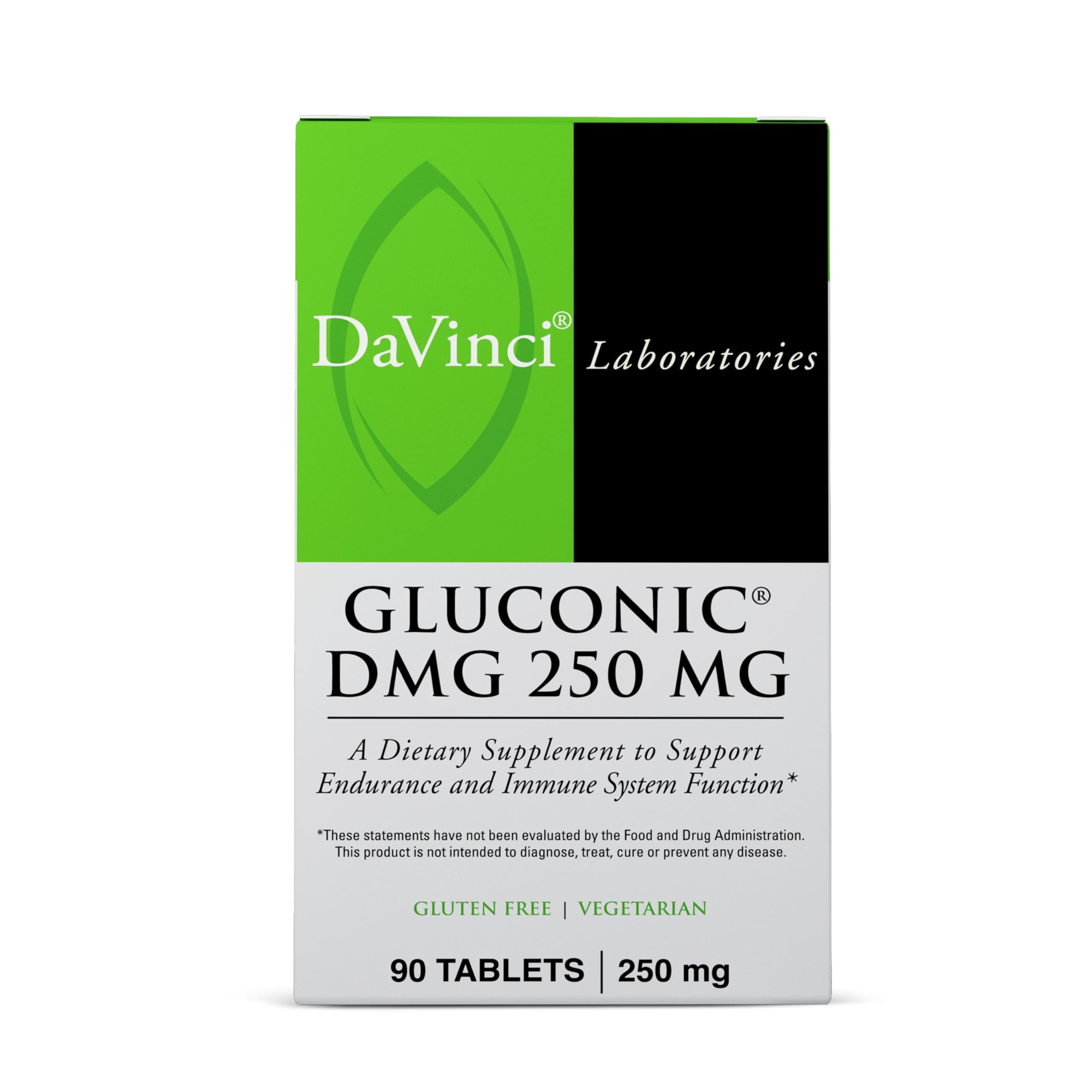 DaVinci Gluconic DMG tablet close-up with 250 mg dose for daily energy.
