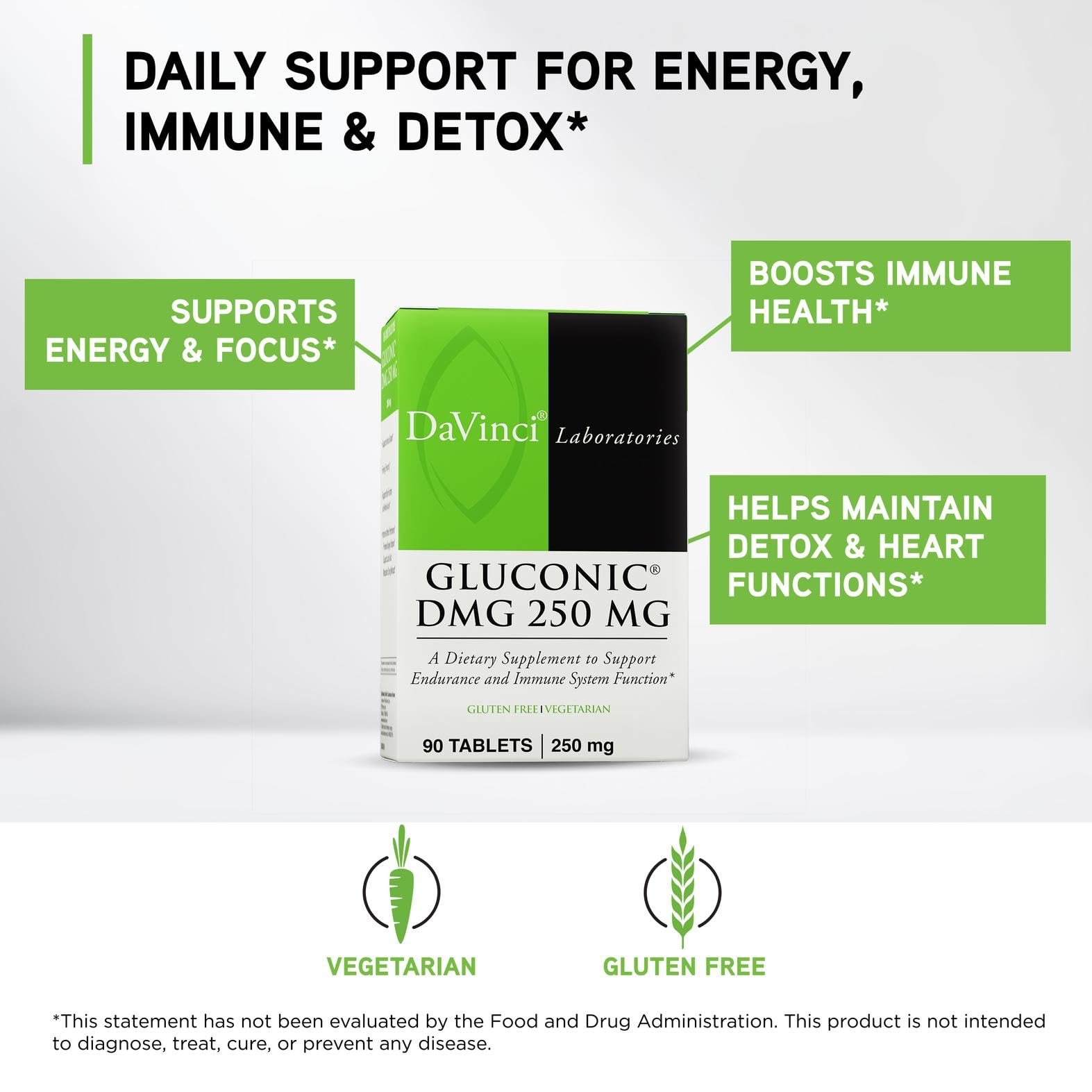 DaVinci Gluconic DMG tablets in bottle for 90 servings during workouts.
