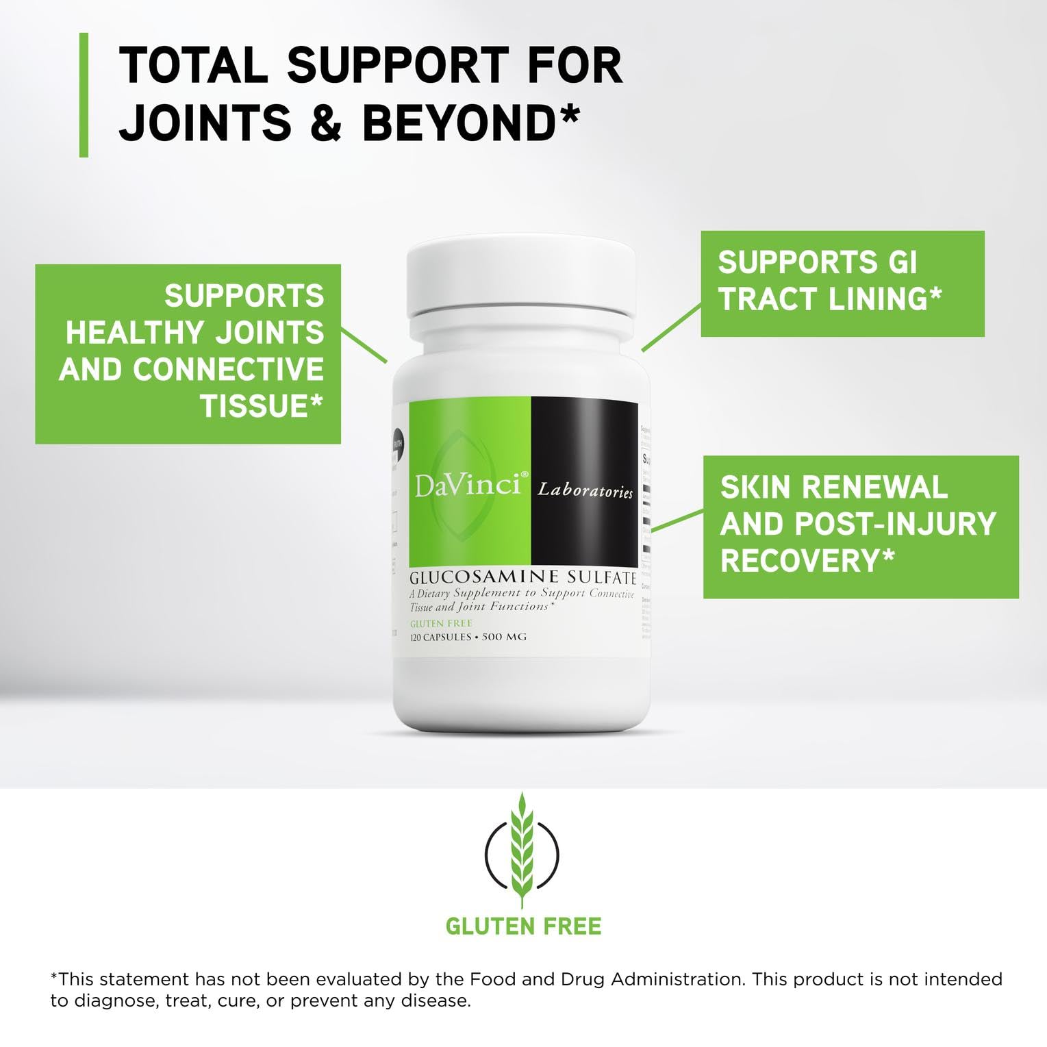 DAVINCI Glucosamine Sulfate packaging label emphasizes gluten-free formula for sensitive systems.