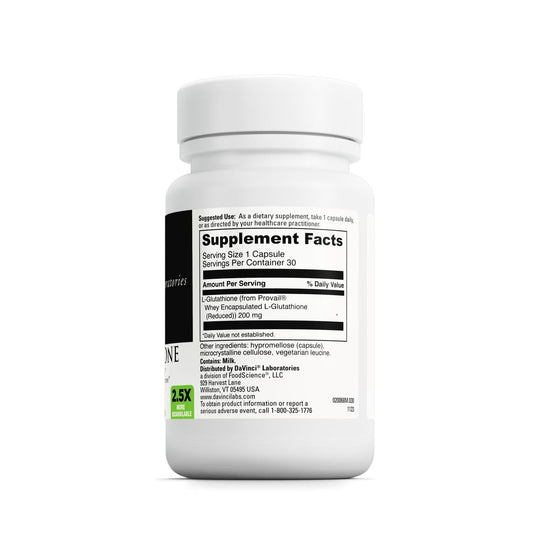 DAVINCI Glutathione 30 capsules bottle back, clear supplement information.