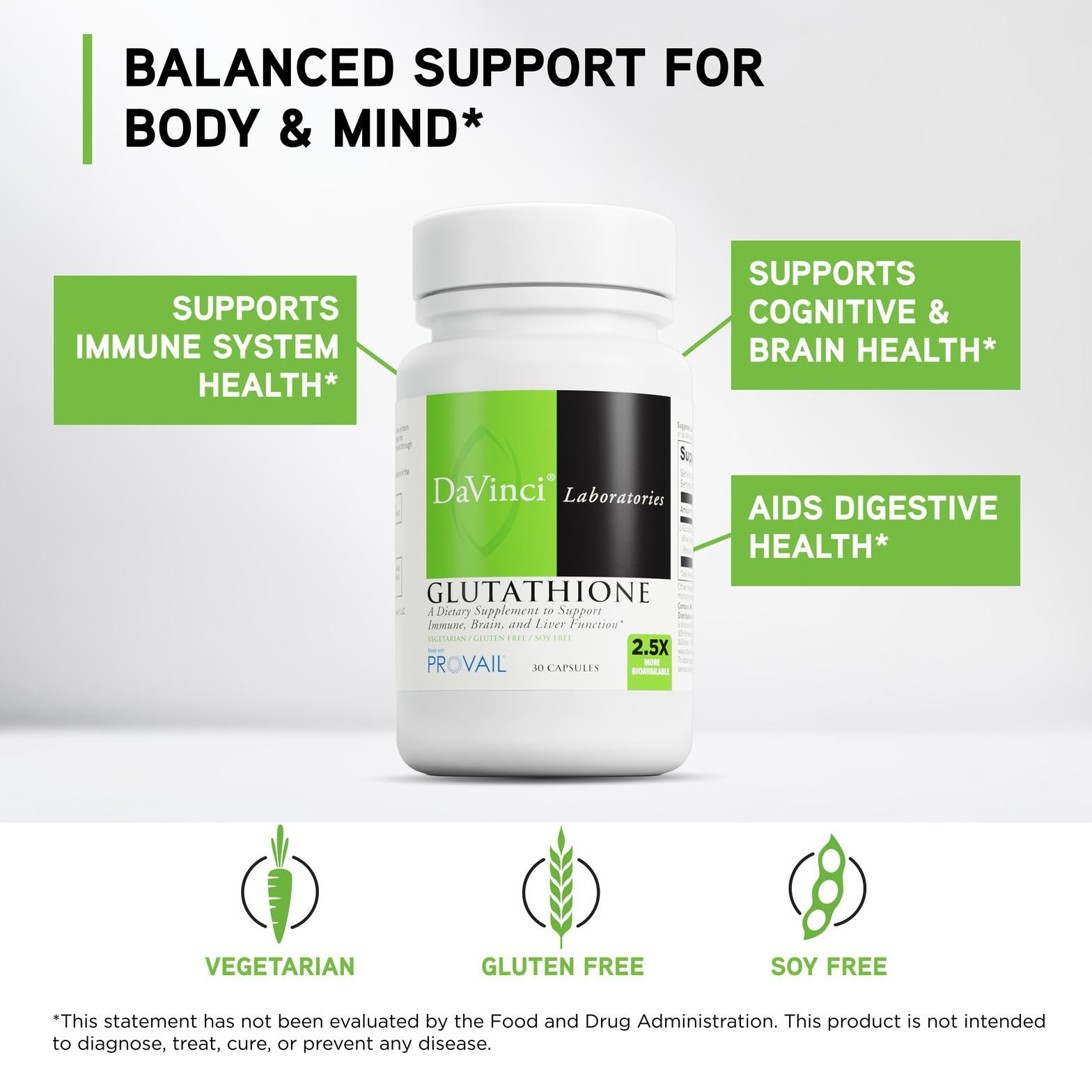 DAVINCI Glutathione label closeup, shows ingredients and quality branding.