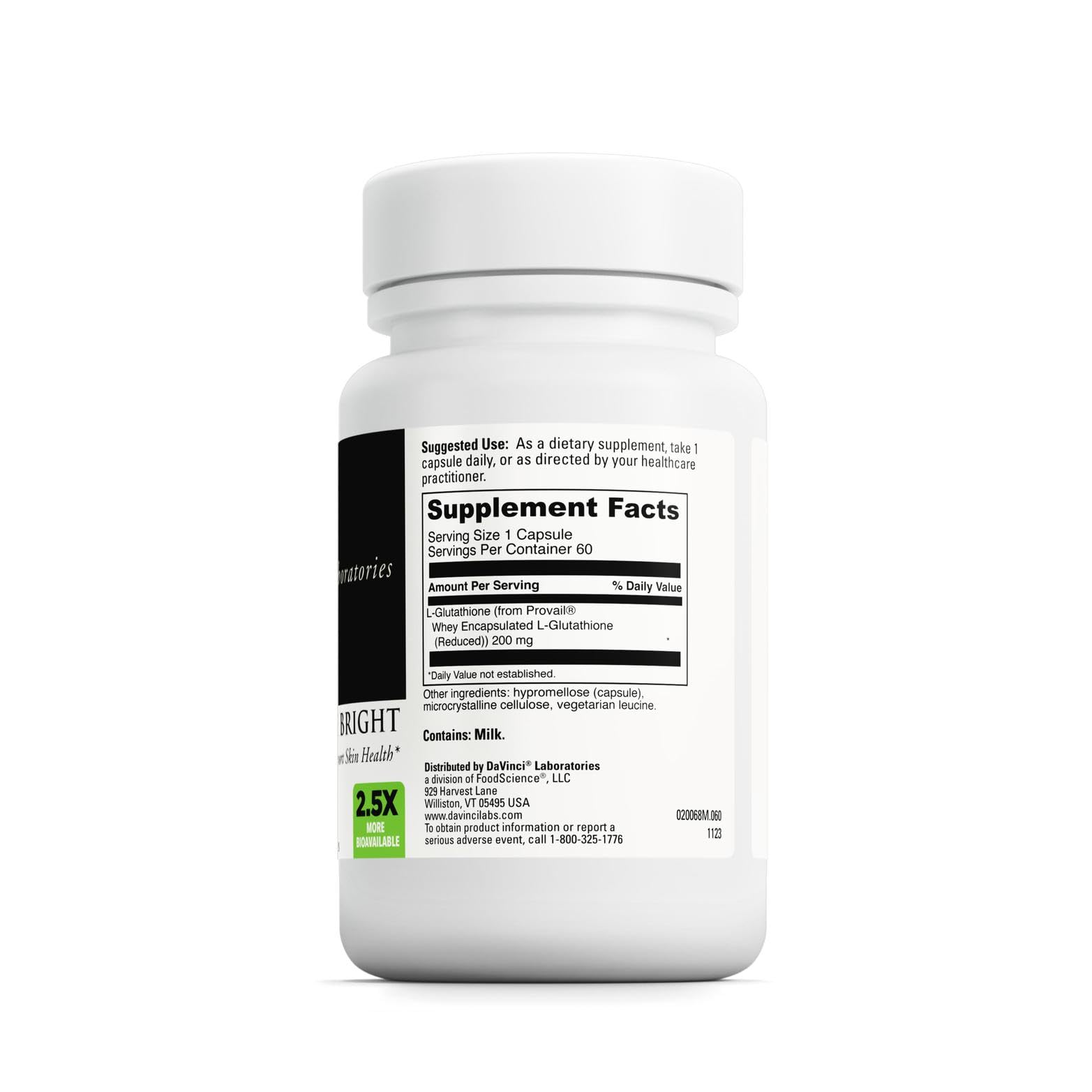 DAVINCI Glutathione Bright bottle back shows formula features aiding absorption