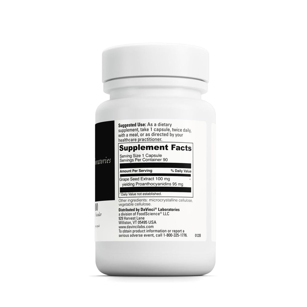 DAVINCI Grape Seed-100 capsules closeup shows potent grape seed extract in vegan capsules.