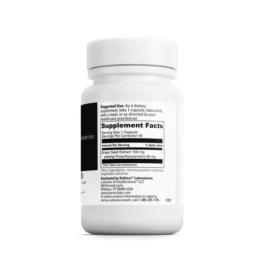 DAVINCI Grape Seed-100 capsules closeup shows potent grape seed extract in vegan capsules.