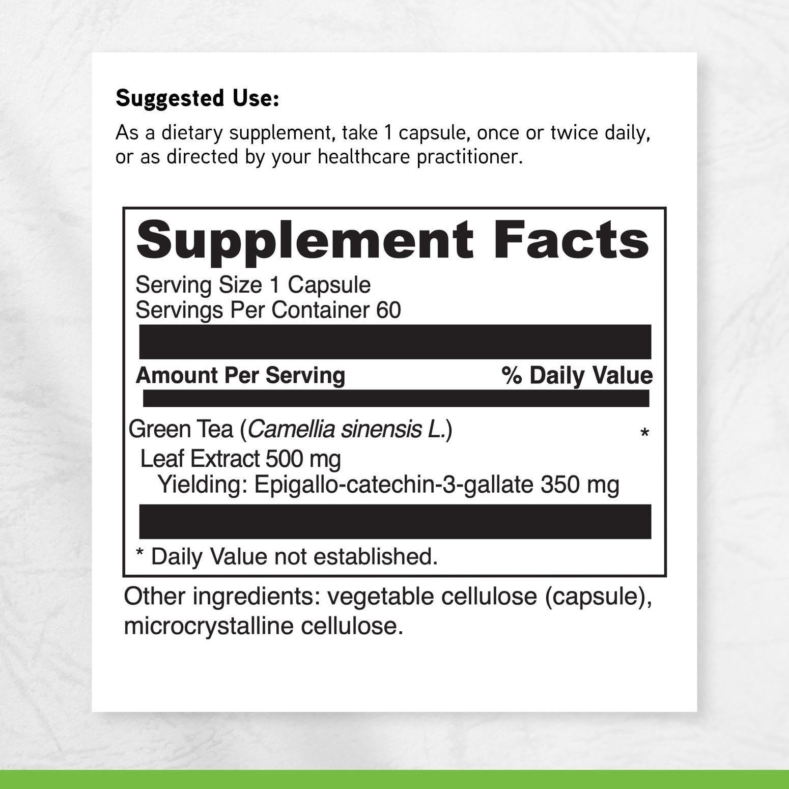 DaVinci Green Tea-70 back label; supplement facts panel.