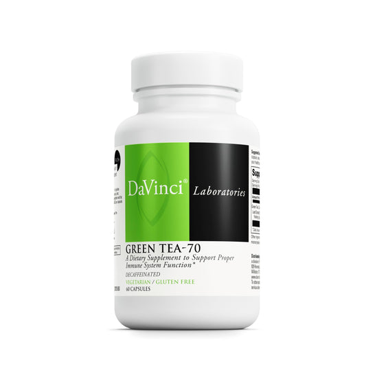 DaVinci Green Tea-70 bottle front; decaffeinated, gluten-free formula.