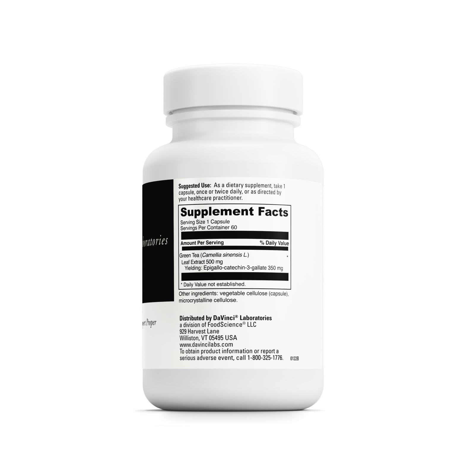 DaVinci Green Tea-70 bottle side view; packaging highlights gluten-free capsules.