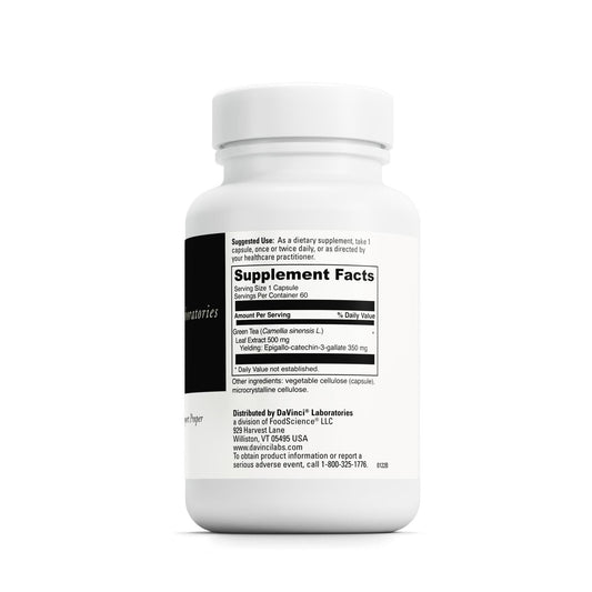 DaVinci Green Tea-70 bottle side view; packaging highlights gluten-free capsules.