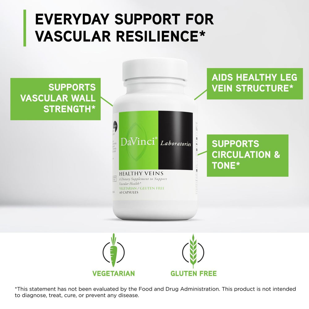 DAVINCI Healthy Veins capsules close-up highlighting citrus bioflavonoids.