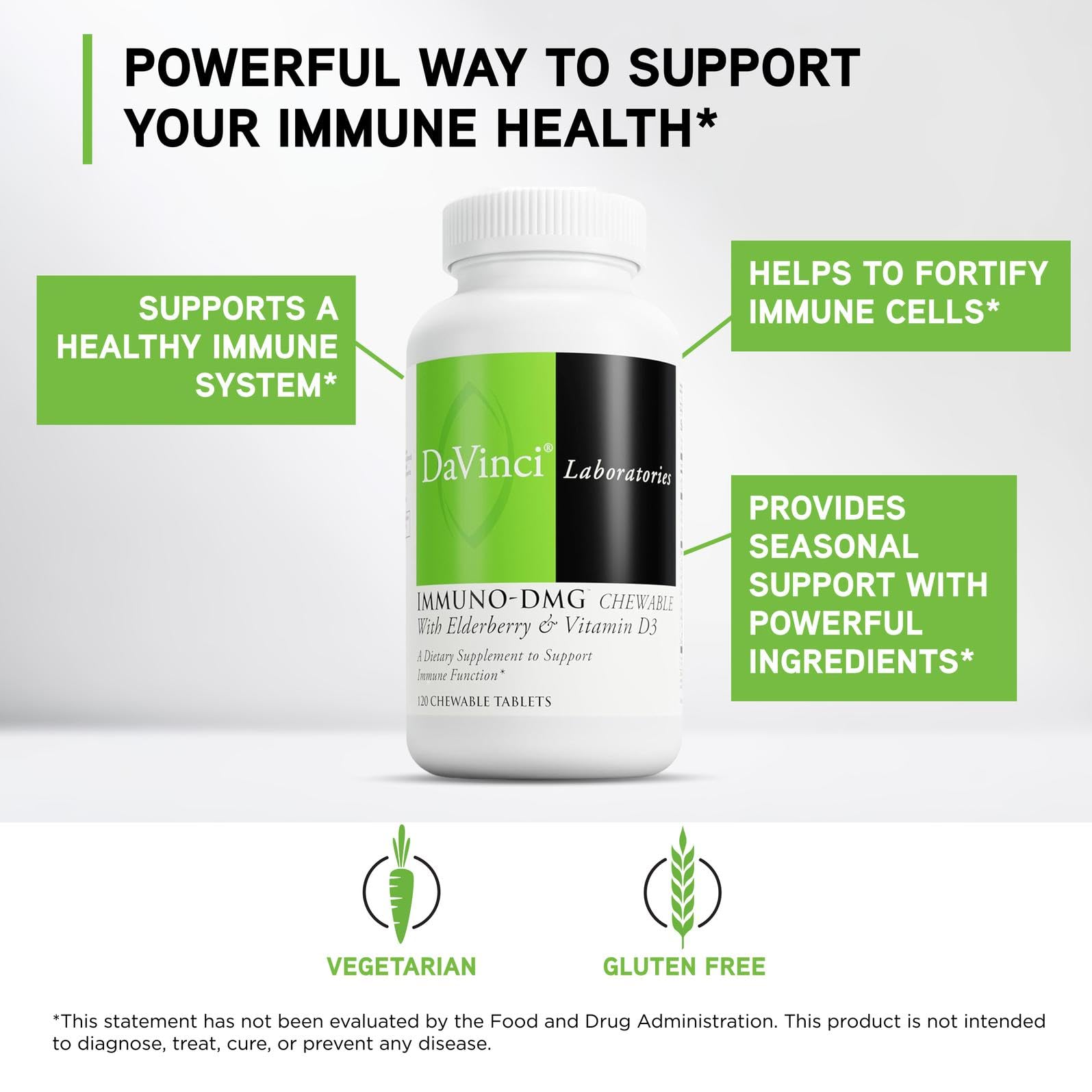 DAVINCI Immuni-DMG chewable bottle label highlights natural ingredients.