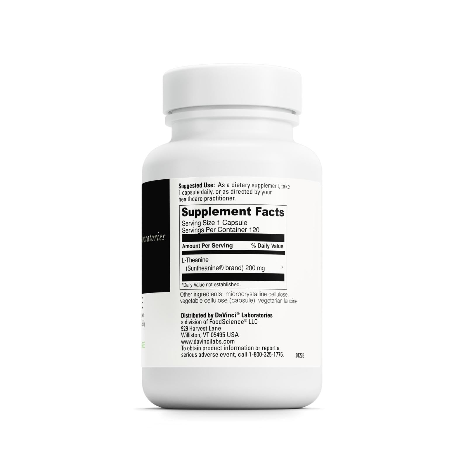Close-up of DaVinci L-Theanine capsules showing vegetarian formula