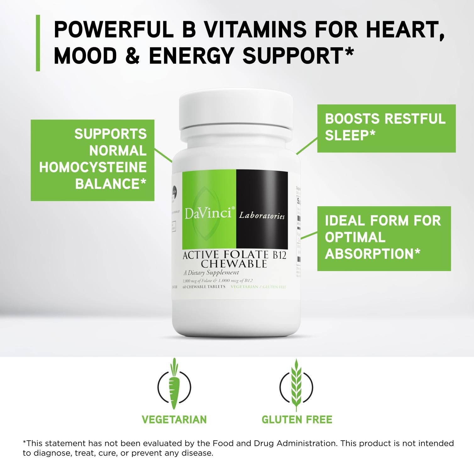 Davinci Labs Active Folate B12 chewable label info highlights high potency formula.