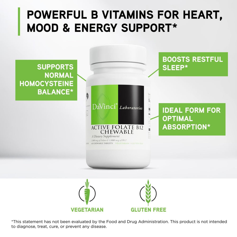Davinci Labs Active Folate B12 chewable label info highlights high potency formula.