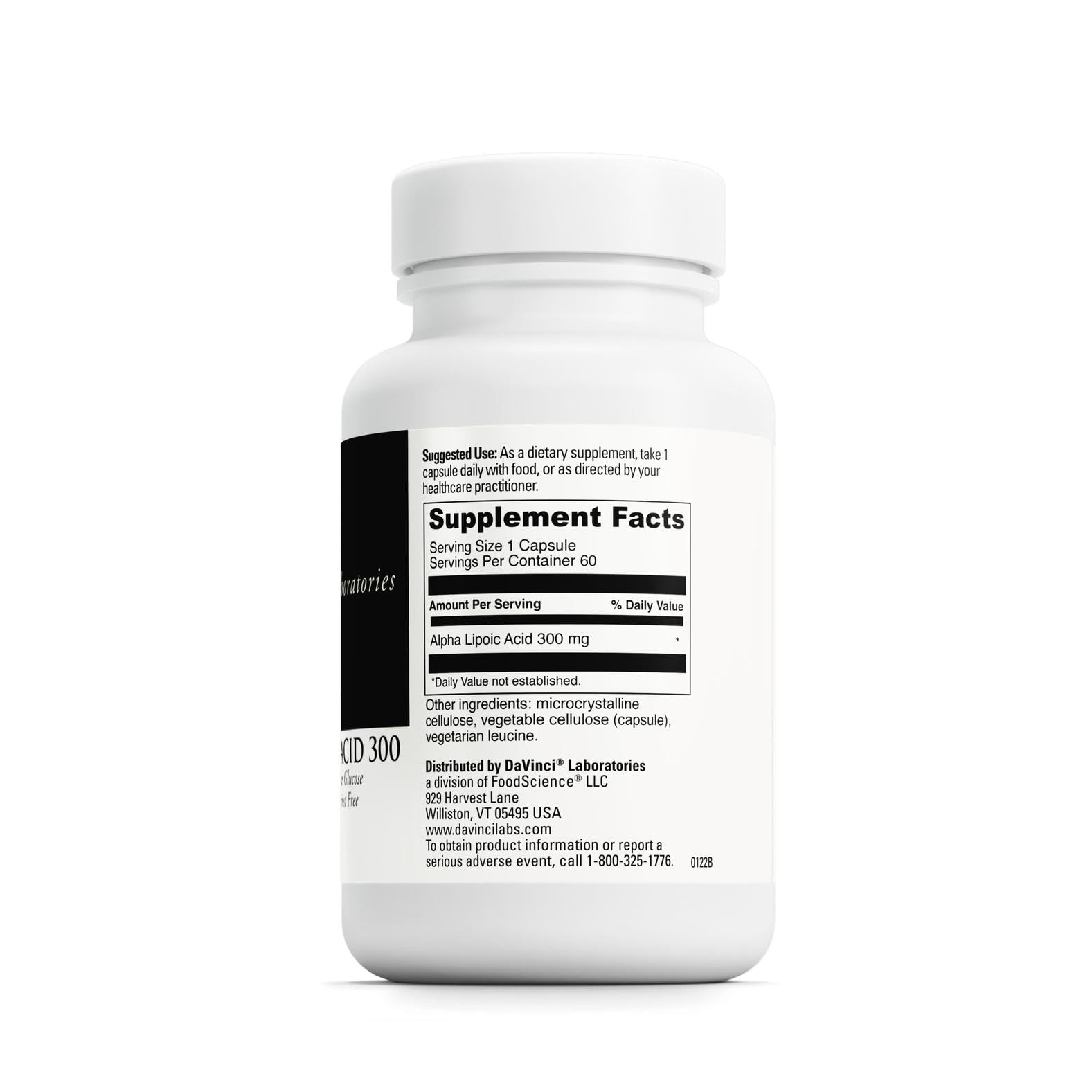 Close-up of DAVINCI Alpha Lipoic Acid 300 capsules highlighting vegetarian, antioxidant support.