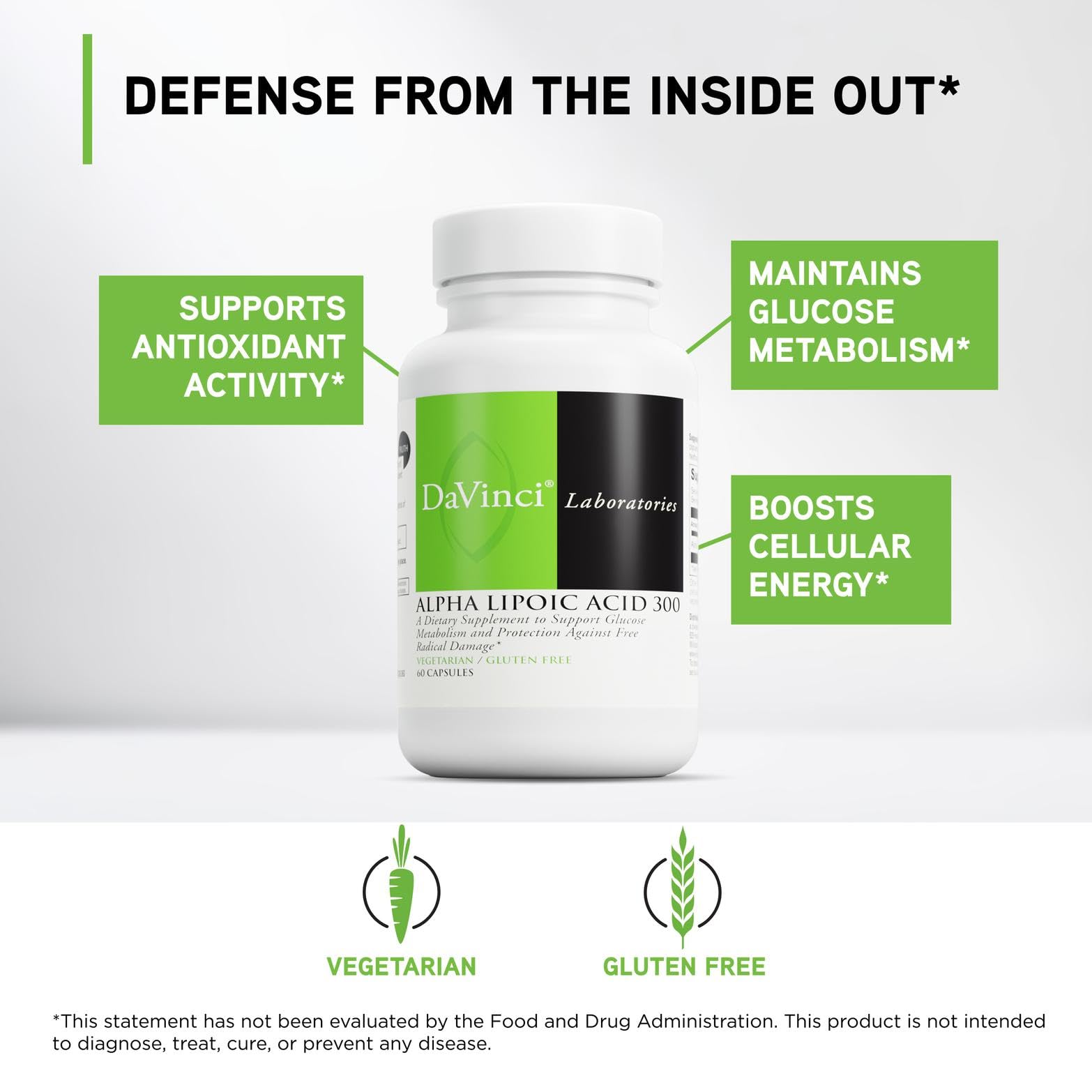 DAVINCI Alpha Lipoic Acid 300 label close-up emphasizing purity and potency.