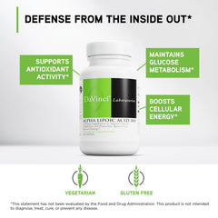 DAVINCI Alpha Lipoic Acid 300 label close-up emphasizing purity and potency.