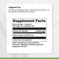 DAVINCI Alpha Lipoic Acid 300 nutrition facts panel showing 300 mg per capsule.