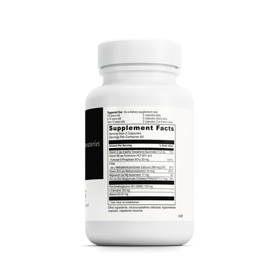 DAVINCI Labs Behavior Balance-DMG bottle back shows supplement facts and gluten-free suitability for daily use
