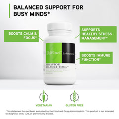 DAVINCI Labs Behavior Balance-DMG capsules closeup highlights enteric-coated design for gentle digestion