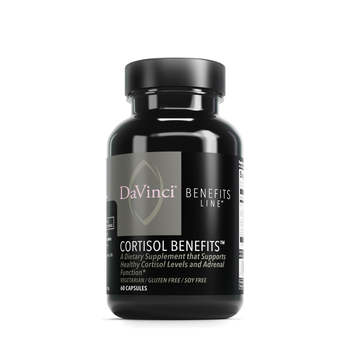 DaVinci Labs Cortisol Benefits bottle front showing gluten-free adrenal support.