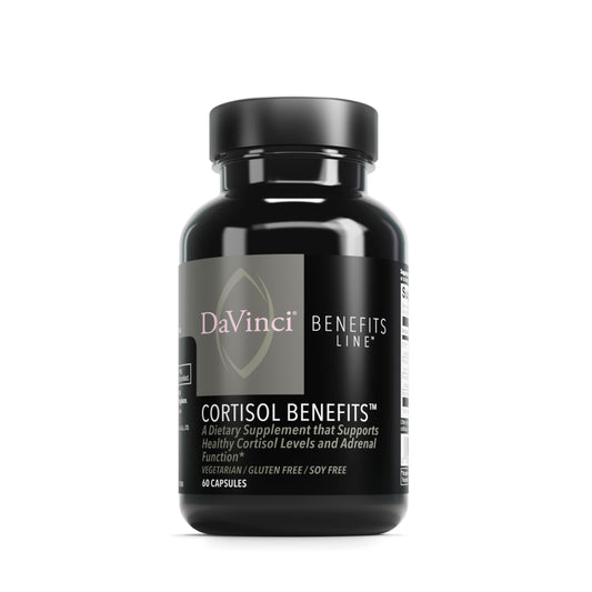 DaVinci Labs Cortisol Benefits bottle front showing gluten-free adrenal support.