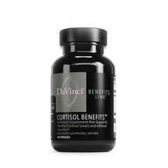 DaVinci Labs Cortisol Benefits bottle front showing gluten-free adrenal support.