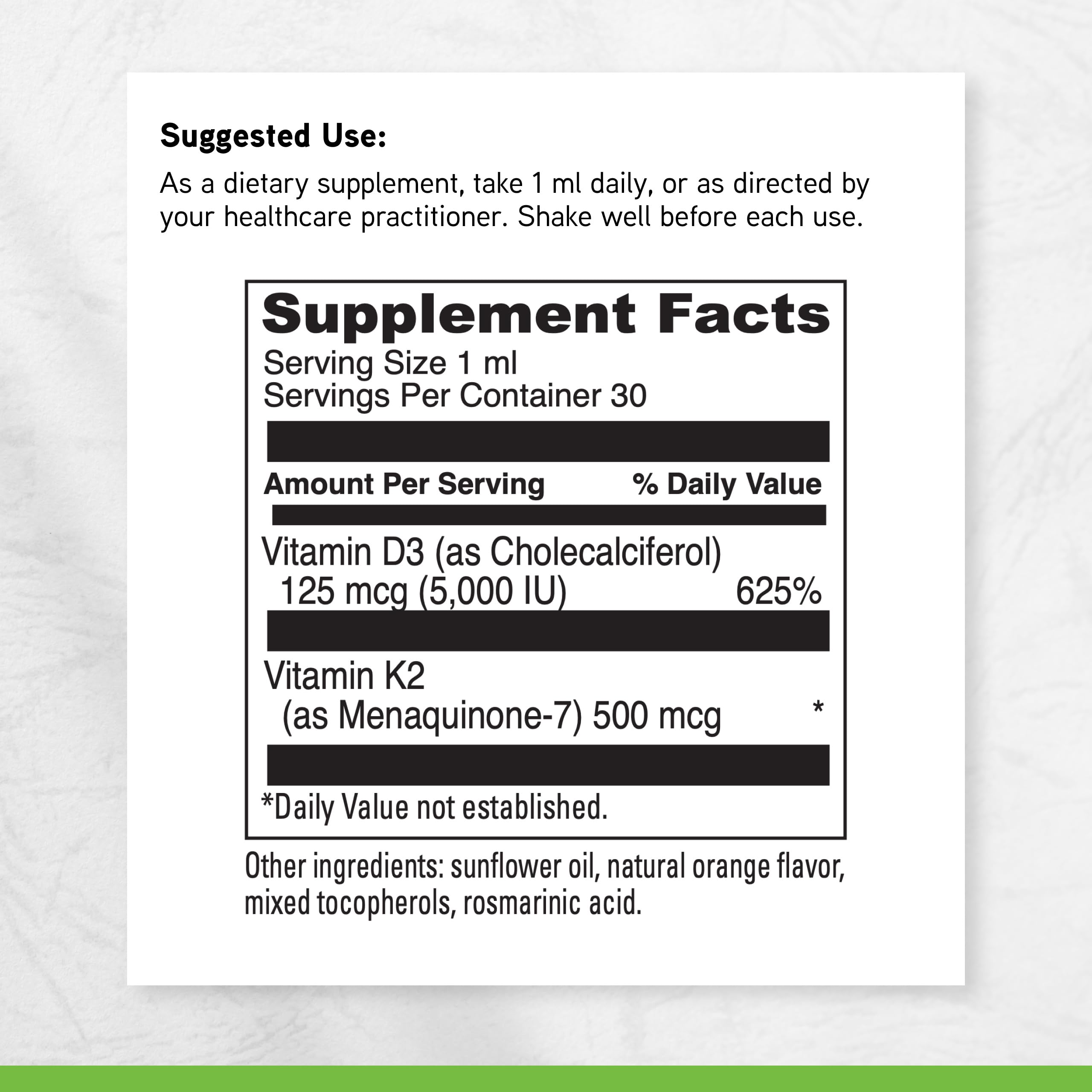 DaVinci Labs D3/K2 liquid dosing chart aids precise daily intake.