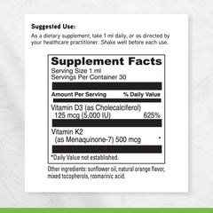 DaVinci Labs D3/K2 liquid dosing chart aids precise daily intake.