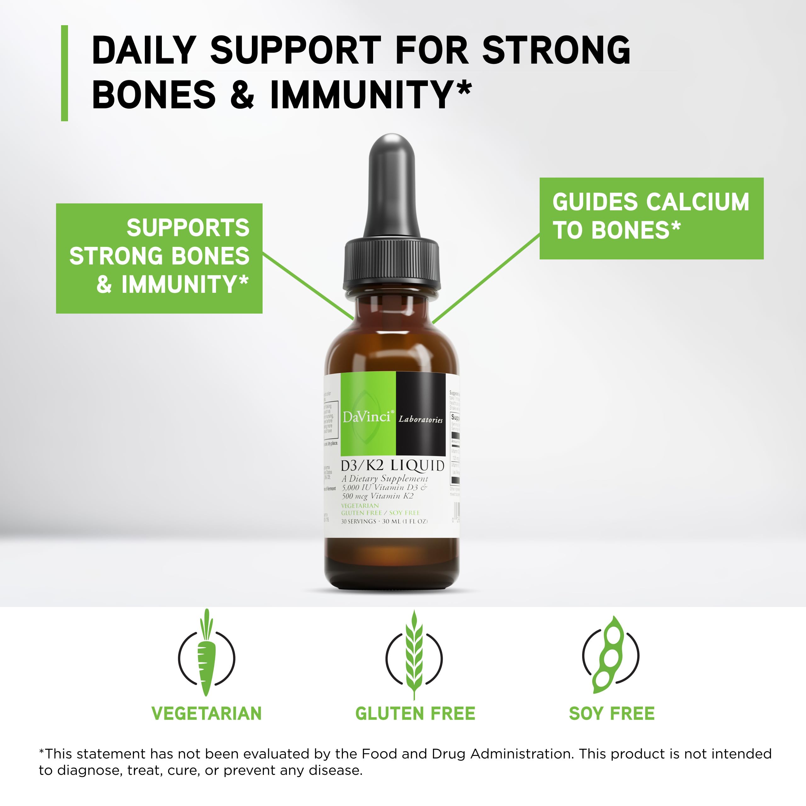 DaVinci Labs D3/K2 liquid label highlights ingredients and 30 servings.