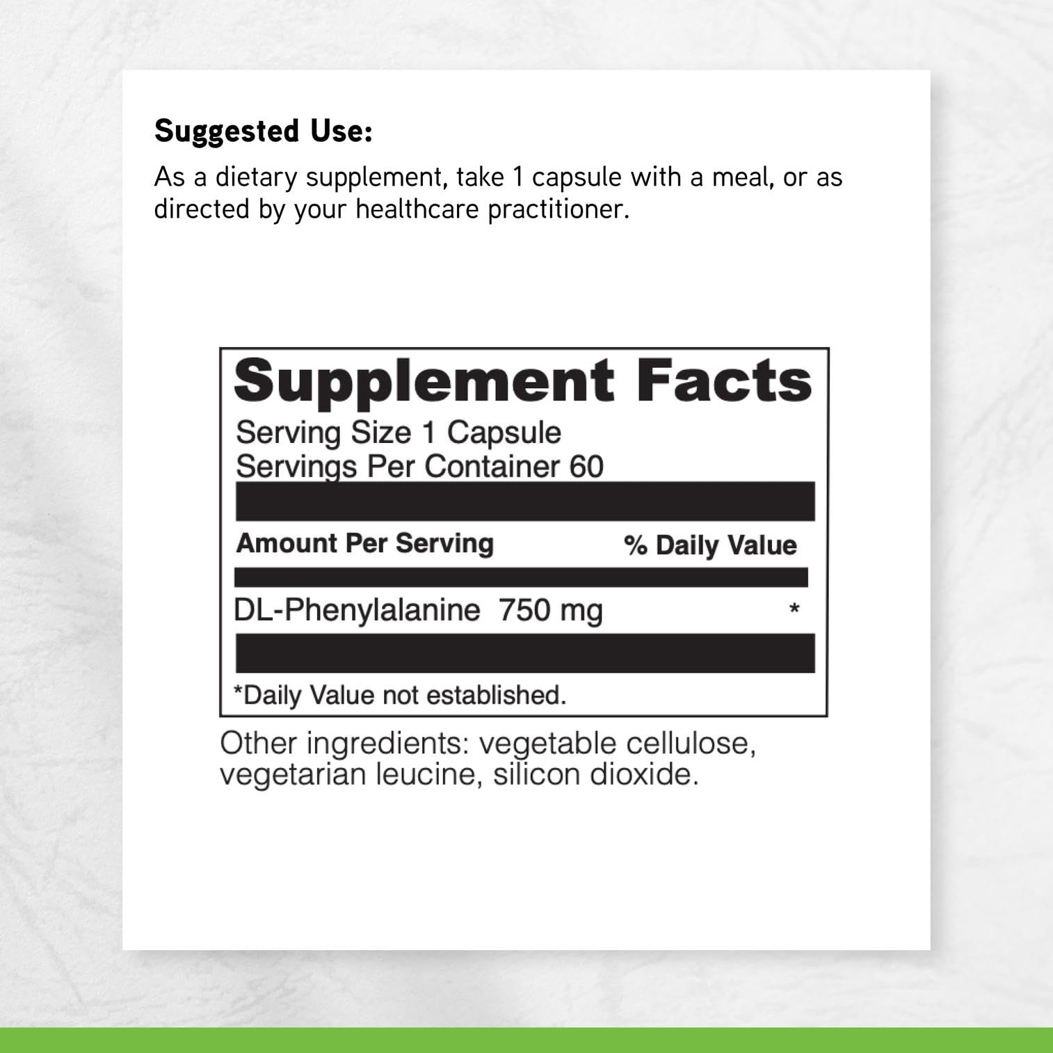 Ingredient panel listing 750 mg DL-Phenylalanine per serving