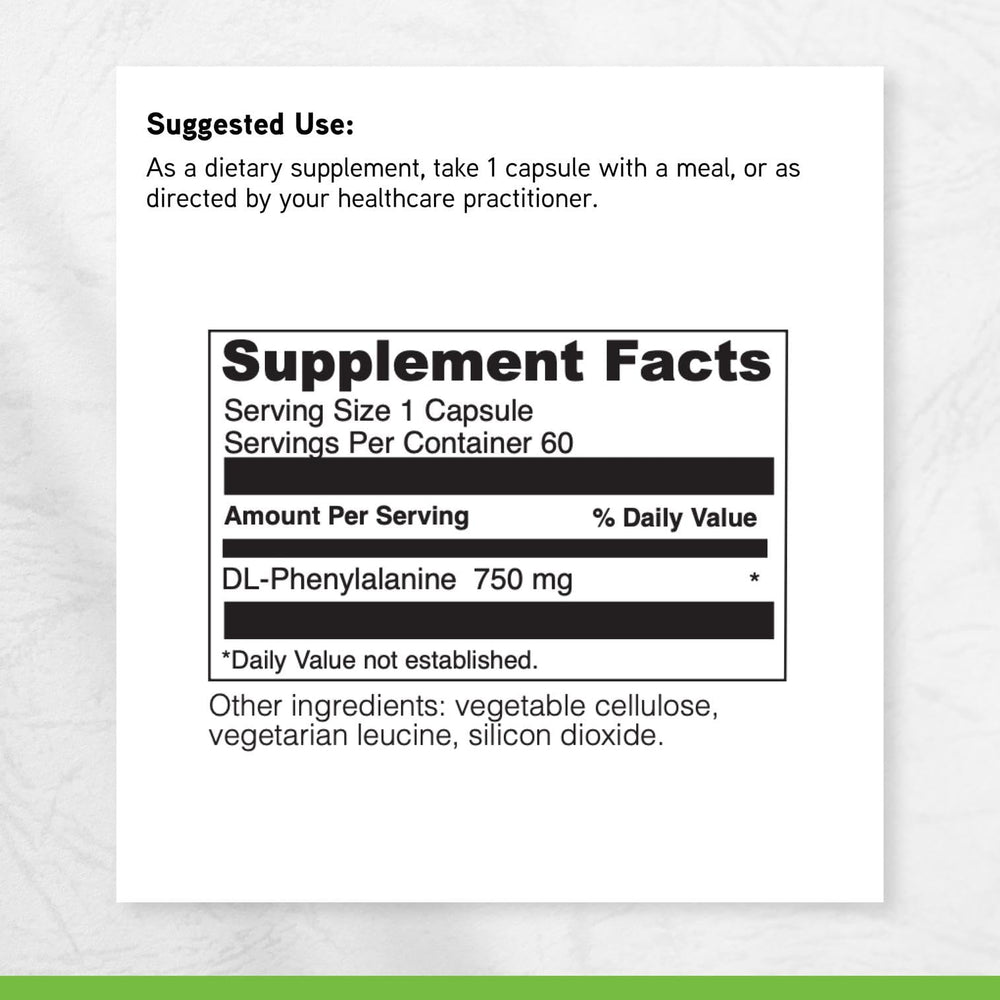 Ingredient panel listing 750 mg DL-Phenylalanine per serving
