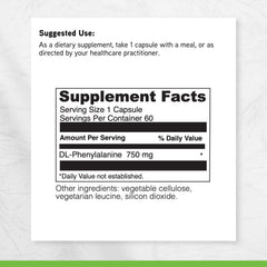 Ingredient panel listing 750 mg DL-Phenylalanine per serving