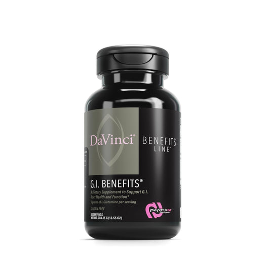 Davinci Labs GI Benefits bottle front for daily digestive comfort and immune support.