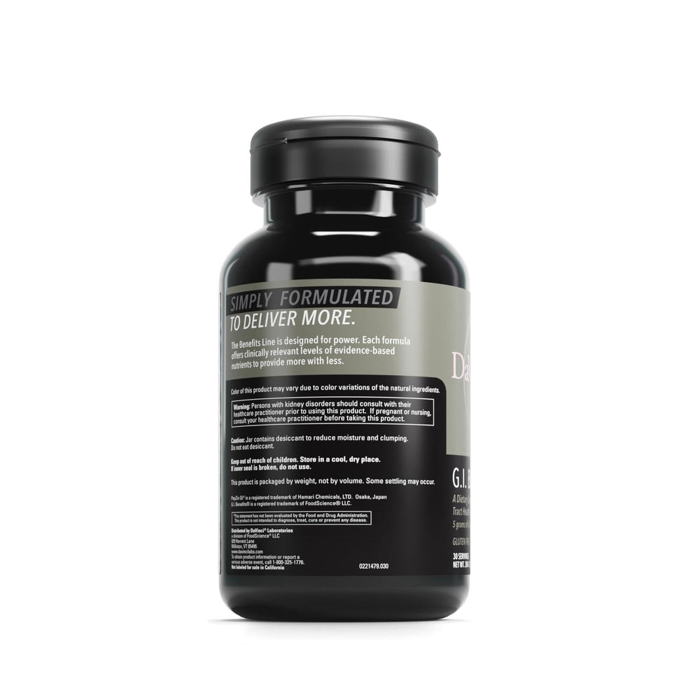 Davinci Labs GI Benefits powder in glass with raspberry flavors for hydration.