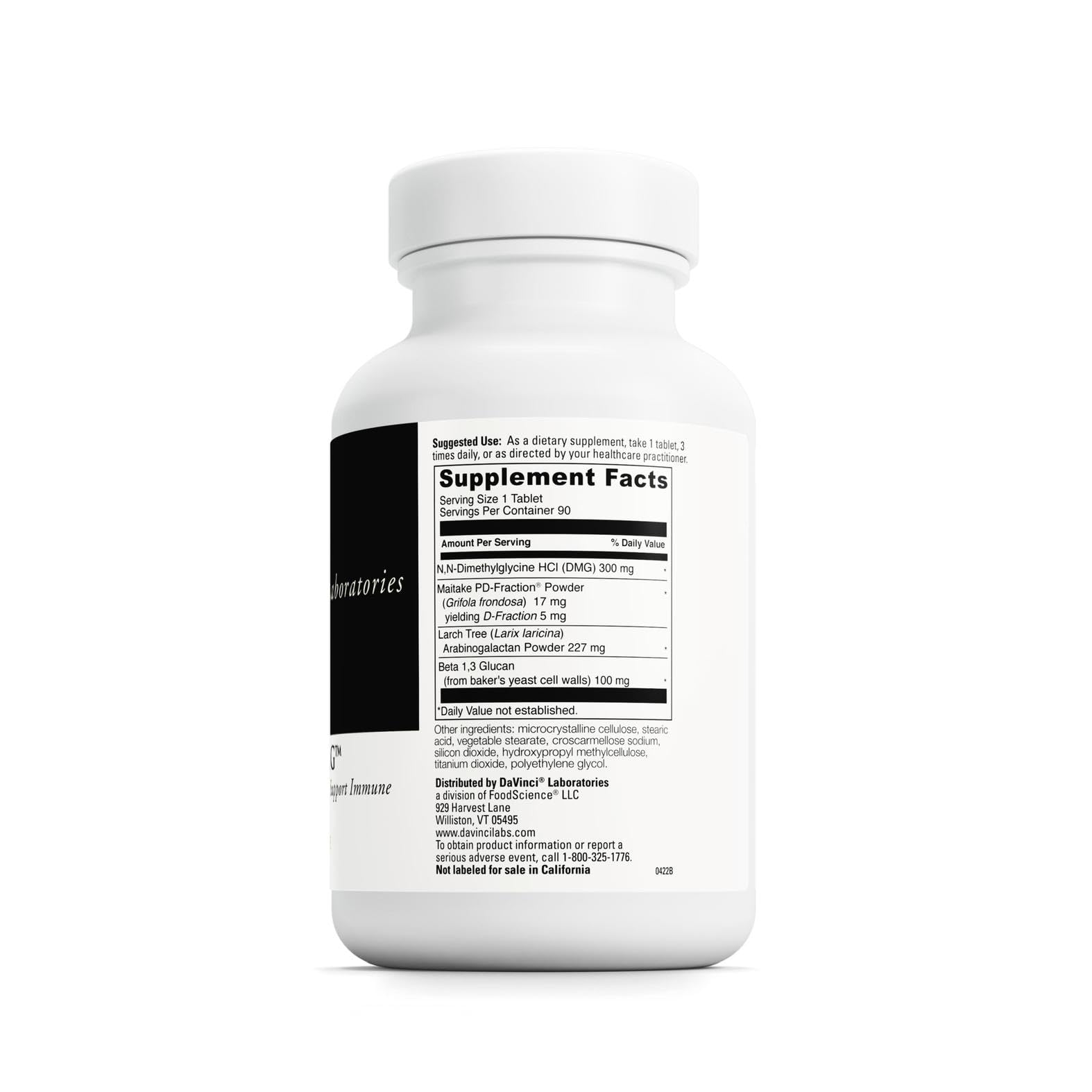 DAVINCI Labs Immuno-DMG maitake powder highlights beta-glucans for potential immune pathway support.