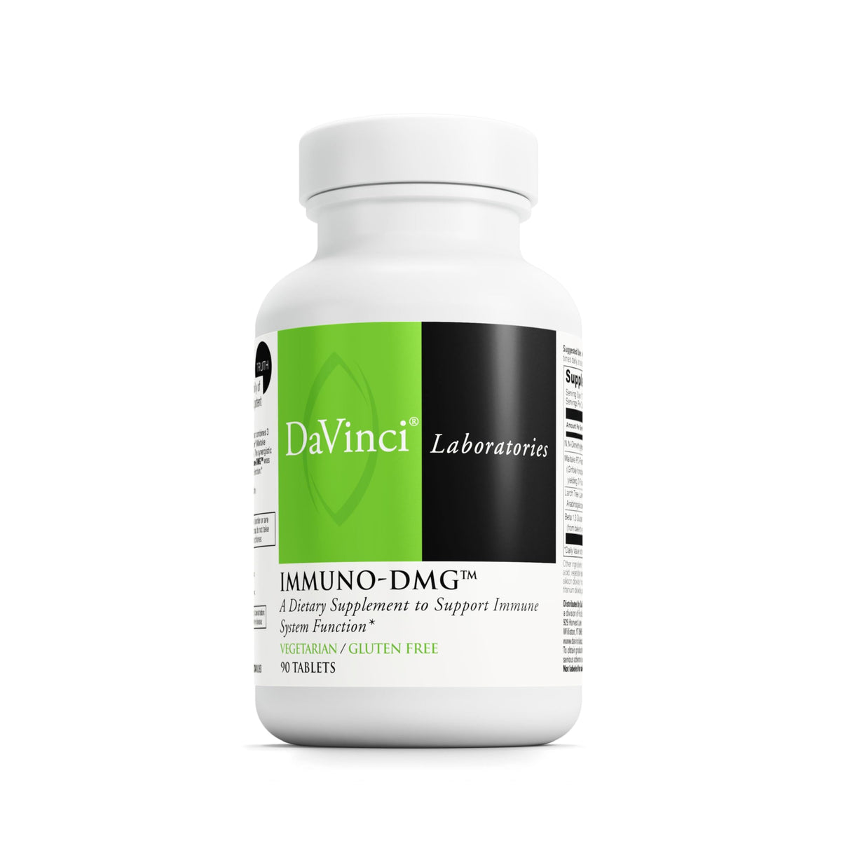 DAVINCI Labs Immuno-DMG tablets in a bottle offer convenient, gluten-free immune support for daily wellness.