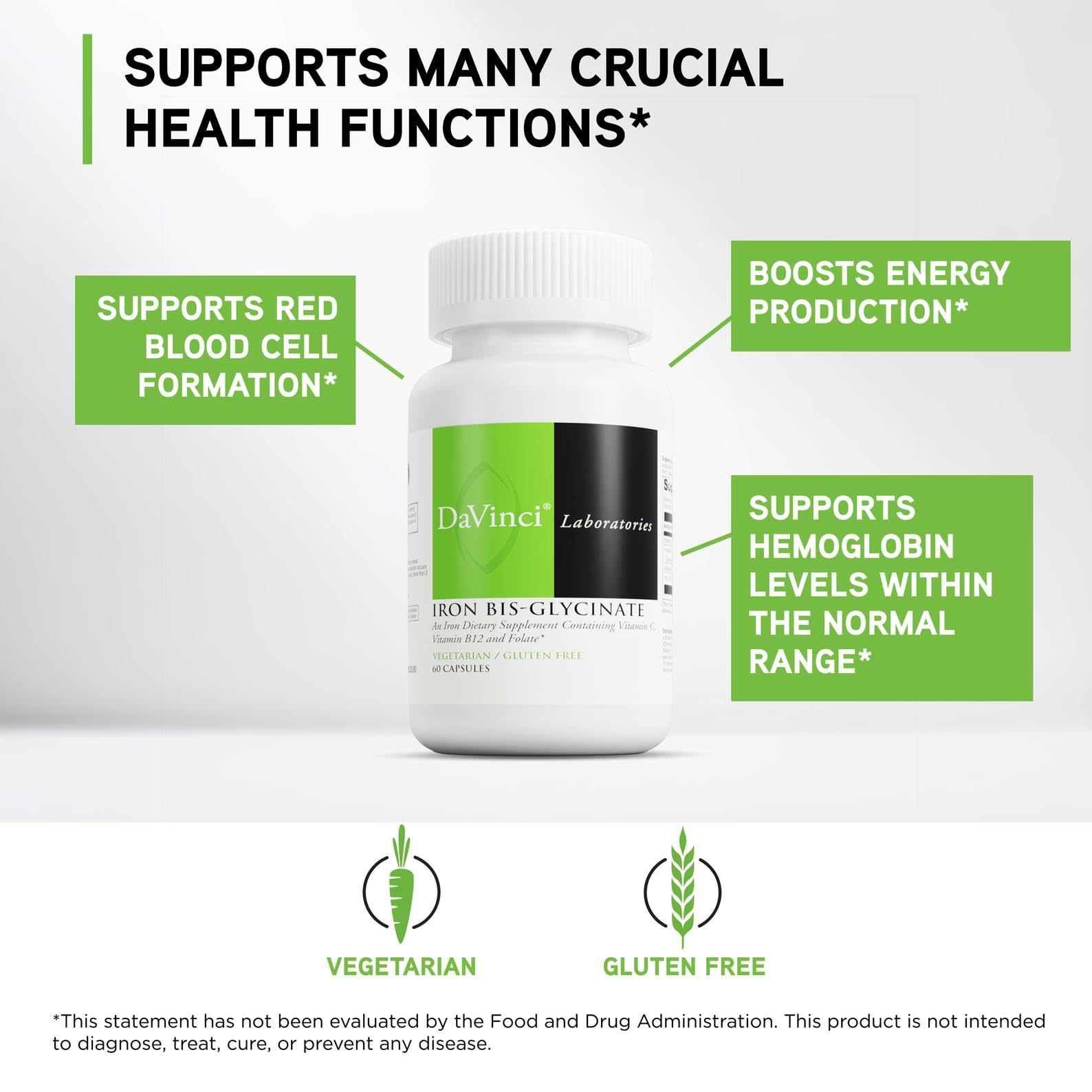 Front label view of DaVinci Labs Iron Bis-Glycinate, vegetarian product