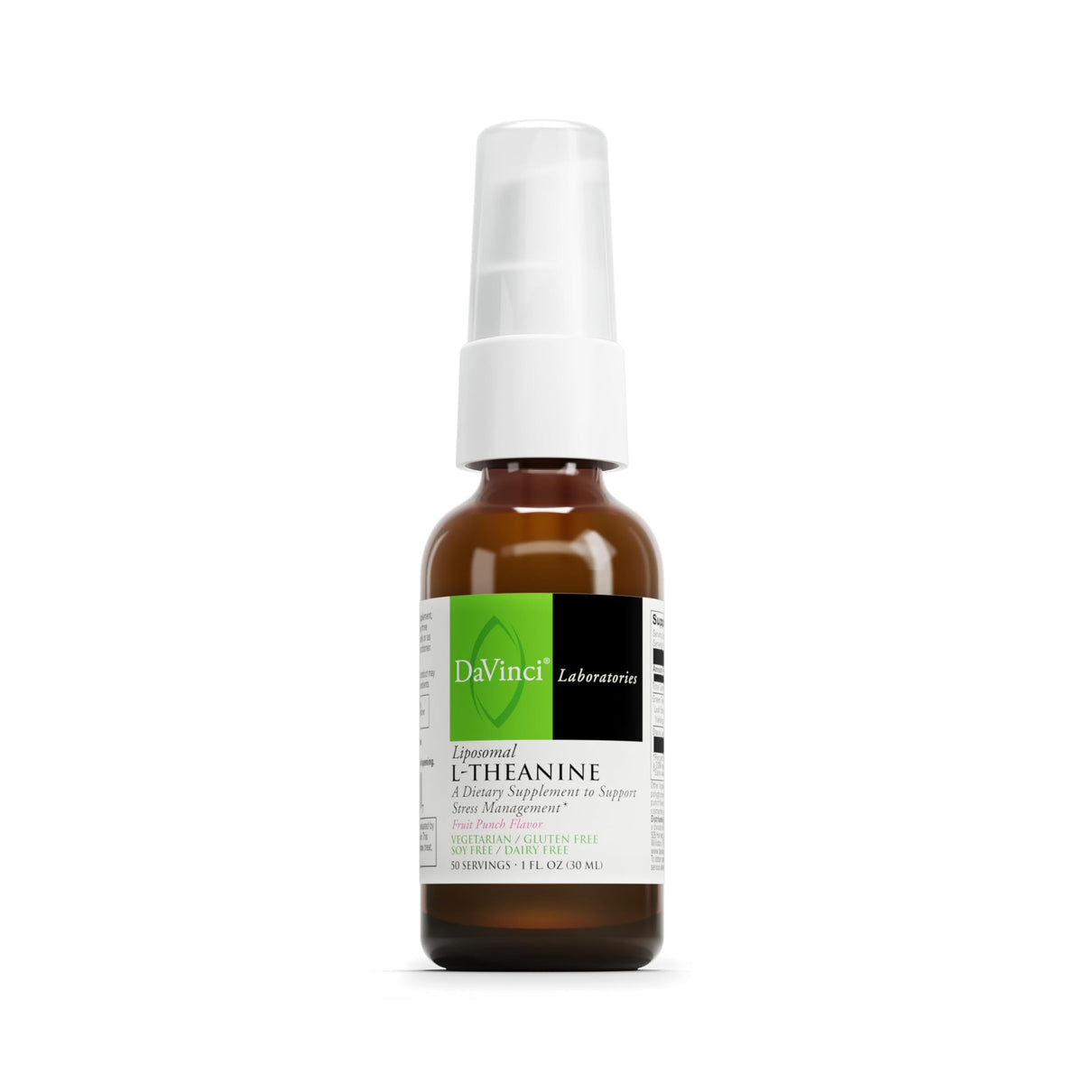DAVINCI Liposomal L-Theanine bottle on a white surface promotes calming focus.