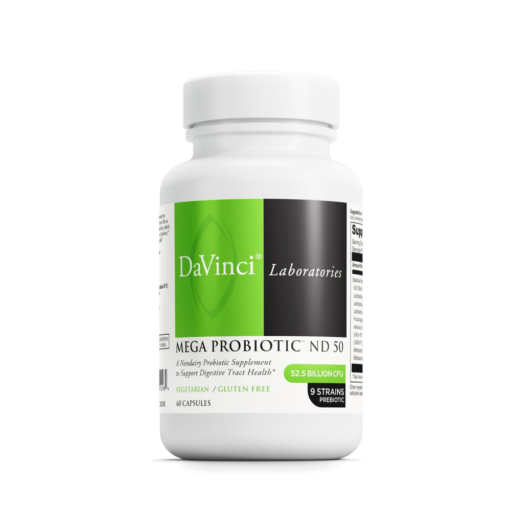 DAVINCI Labs Mega Probiotic ND50 bottle front view for daily digestive support.