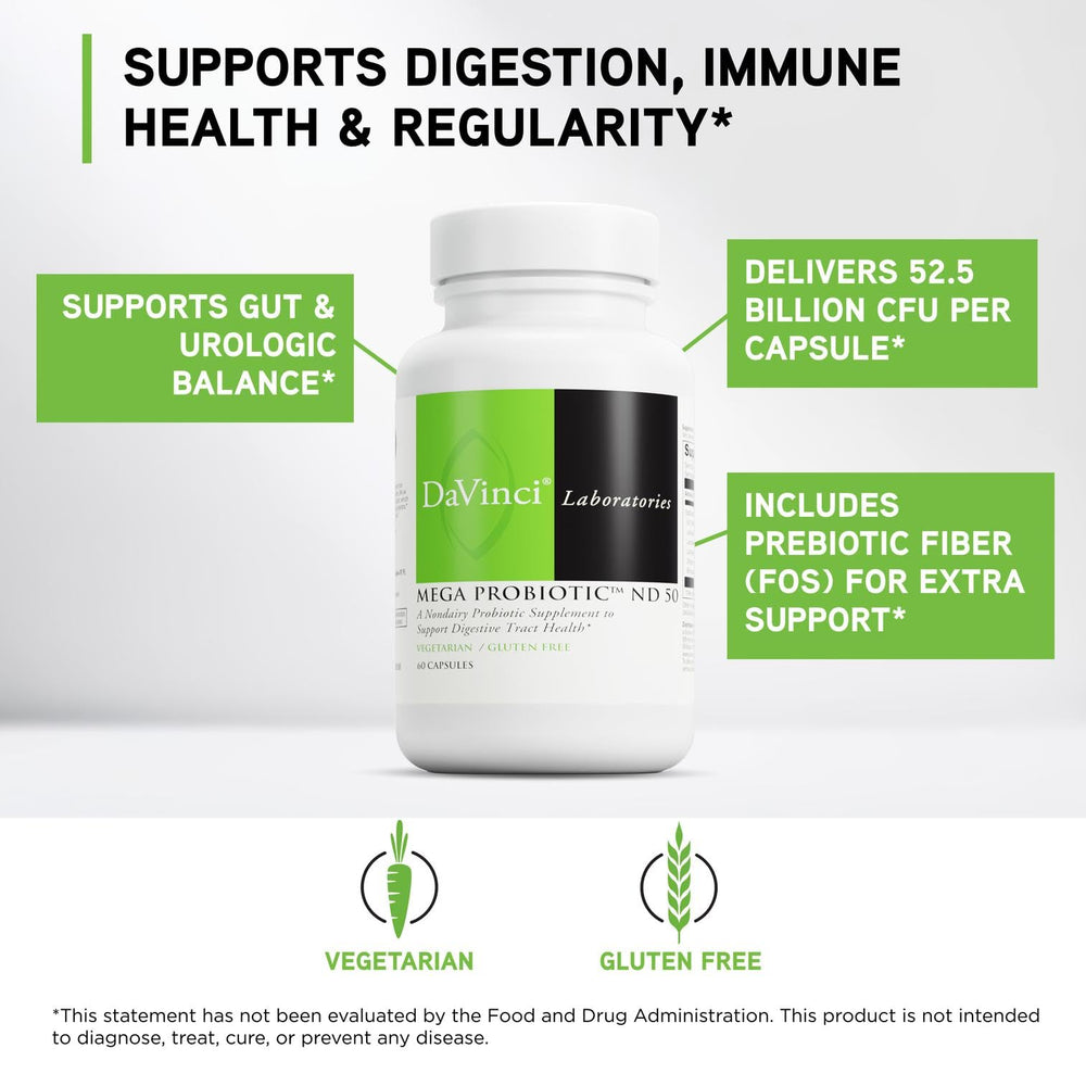 DAVINCI Labs Mega Probiotic ND50 label close-up non-dairy blend.