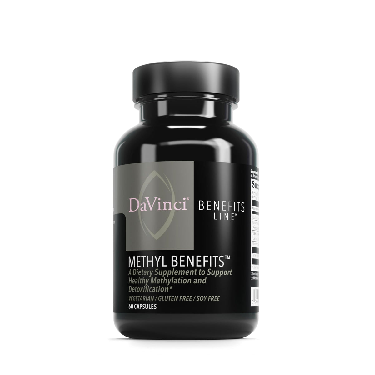 DAVINCI Methyl Benefits bottle front view highlighting gluten-free formula for everyday wellness.