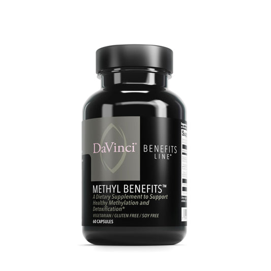 DAVINCI Methyl Benefits bottle front view highlighting gluten-free formula for everyday wellness.