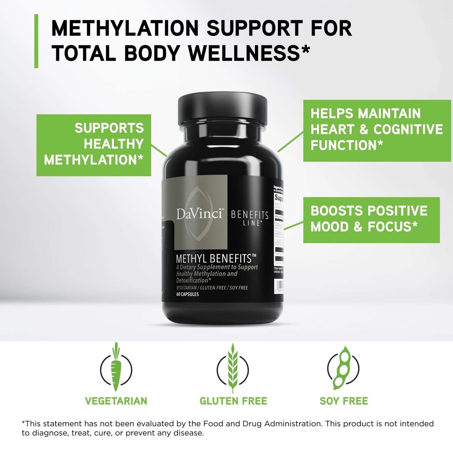 DAVINCI Methyl Benefits capsule close-up highlights smooth texture and 60 veggie capsules.