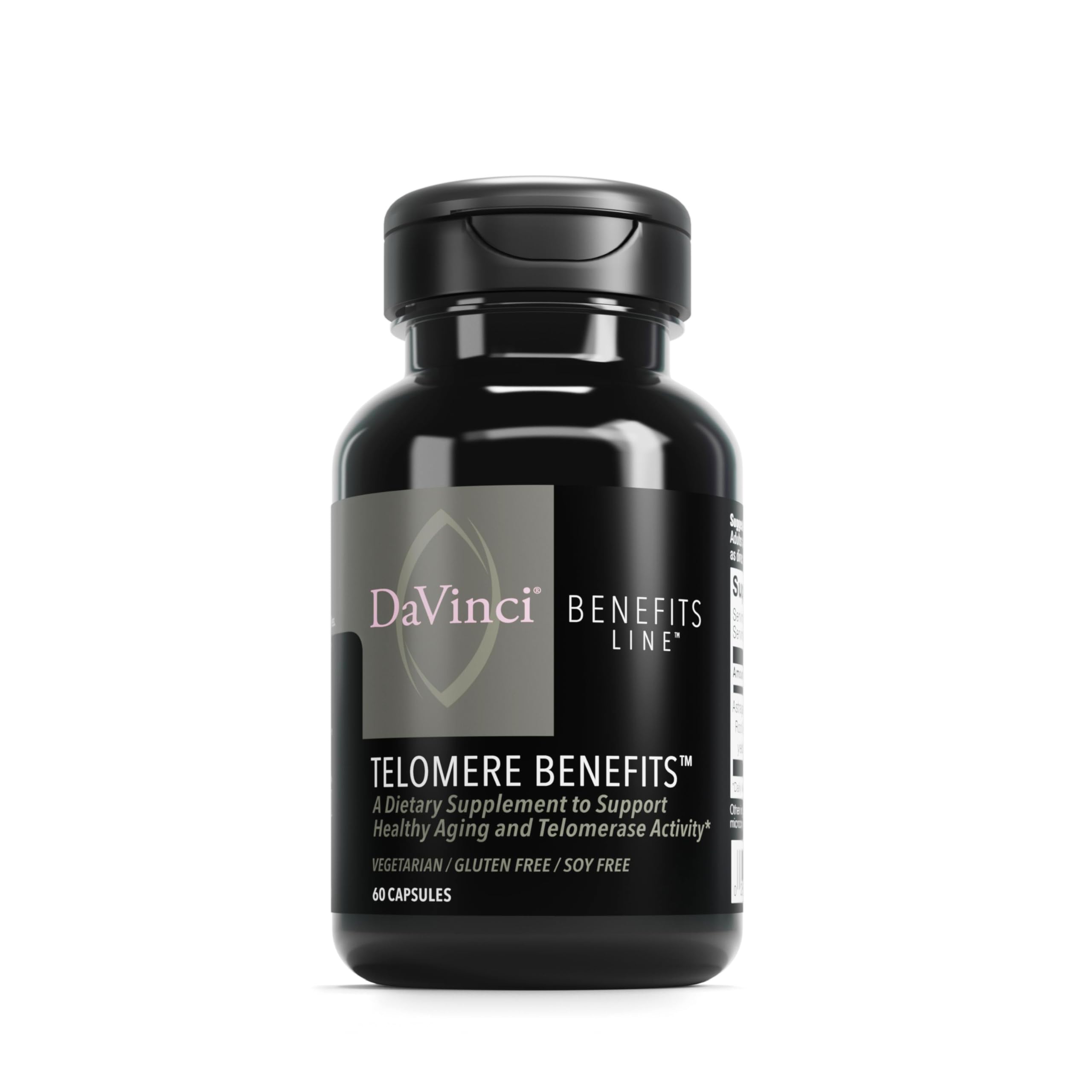 DAVINCI Labs Telomere Benefits bottle front with veggie capsules for healthy aging.