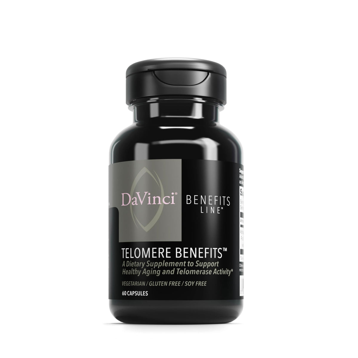 DAVINCI Labs Telomere Benefits bottle front with veggie capsules for healthy aging.