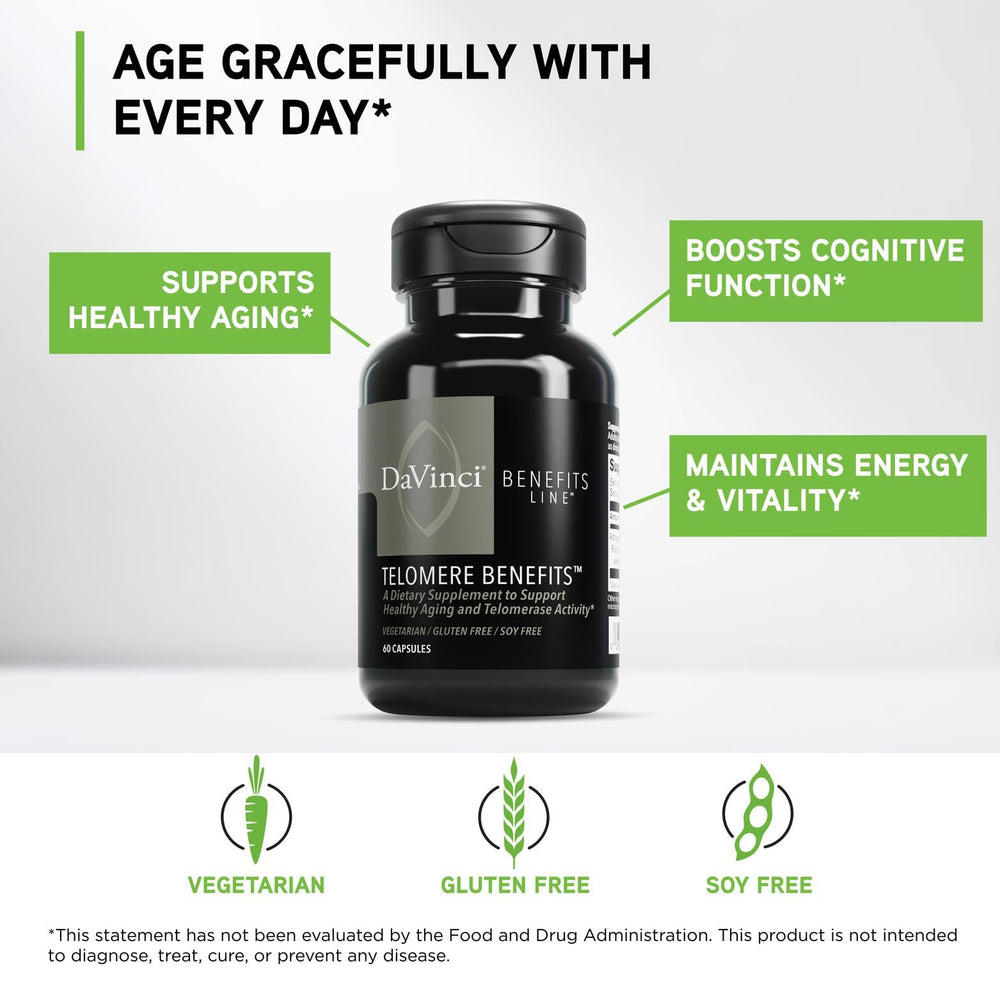 DAVINCI Labs Telomere Benefits label highlighting astragalus root extract for immune support.