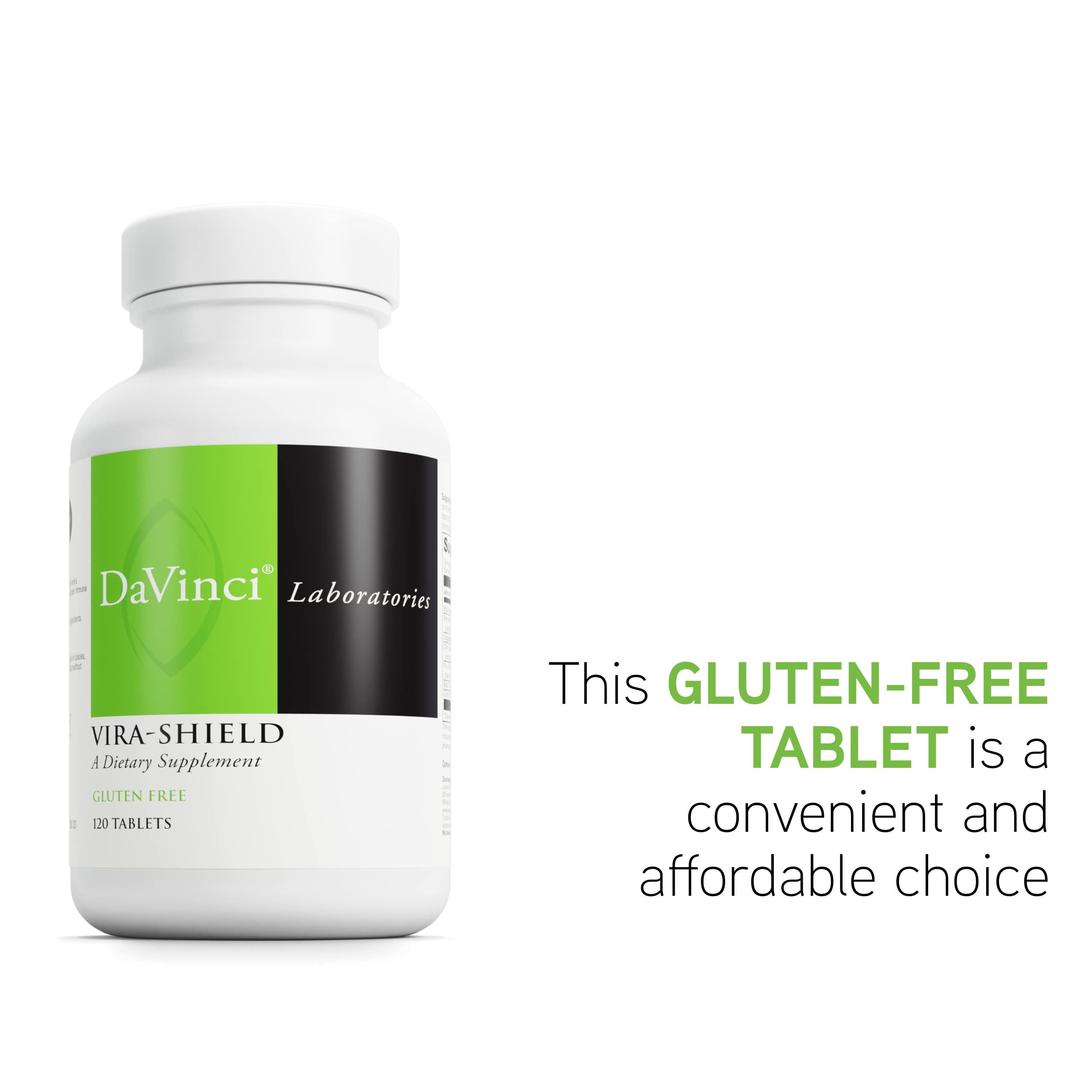 DAVINCI Labs Vira-Shield packaging shot showcasing gluten-free formulation.