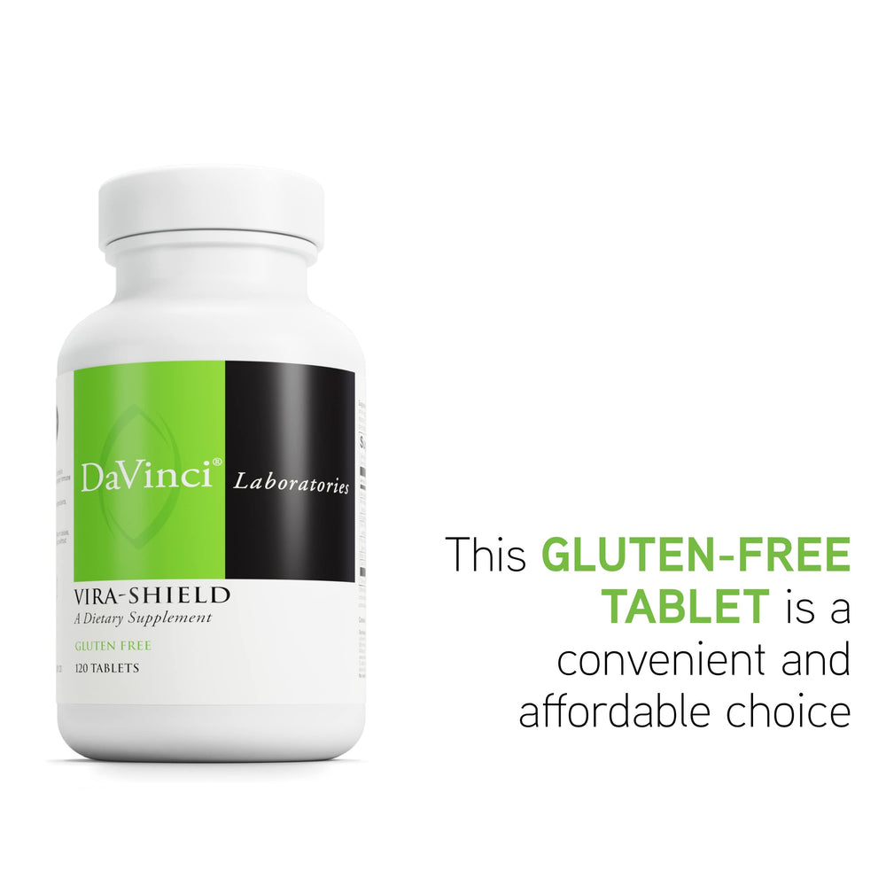 DAVINCI Labs Vira-Shield packaging shot showcasing gluten-free formulation.