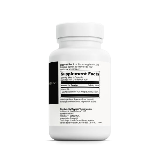 DAVINCI Labs Vitamin D3 5000 IU label detail highlights product potency