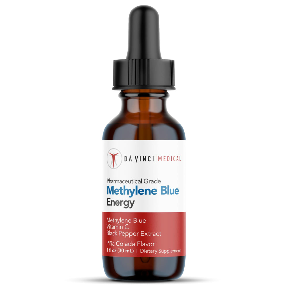 Da Vinci Medical Methylene Blue Drops bottle, USP-grade formula, pina colada flavor.